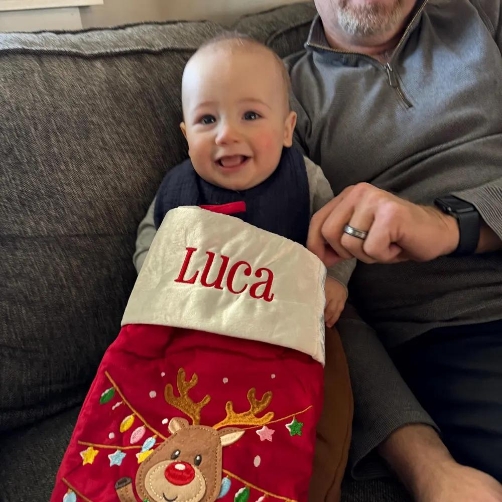 Festive Shiny Christmas Stocking, Personalized Embroidery