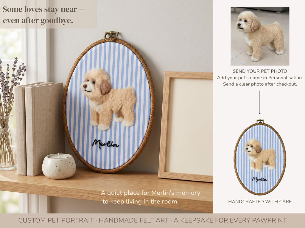 Custom Wool Felt Pet Portrait Hoop Handmade Memorial Keepsake Photo to Art